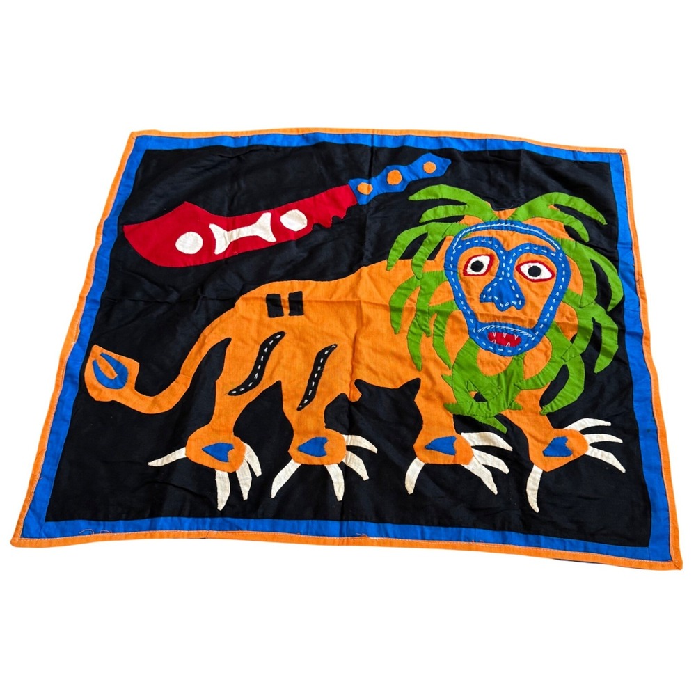 Vintage Panama Mola Hand Stitched Textile Art Lion Folk Art Wall Hanging 26x19.5